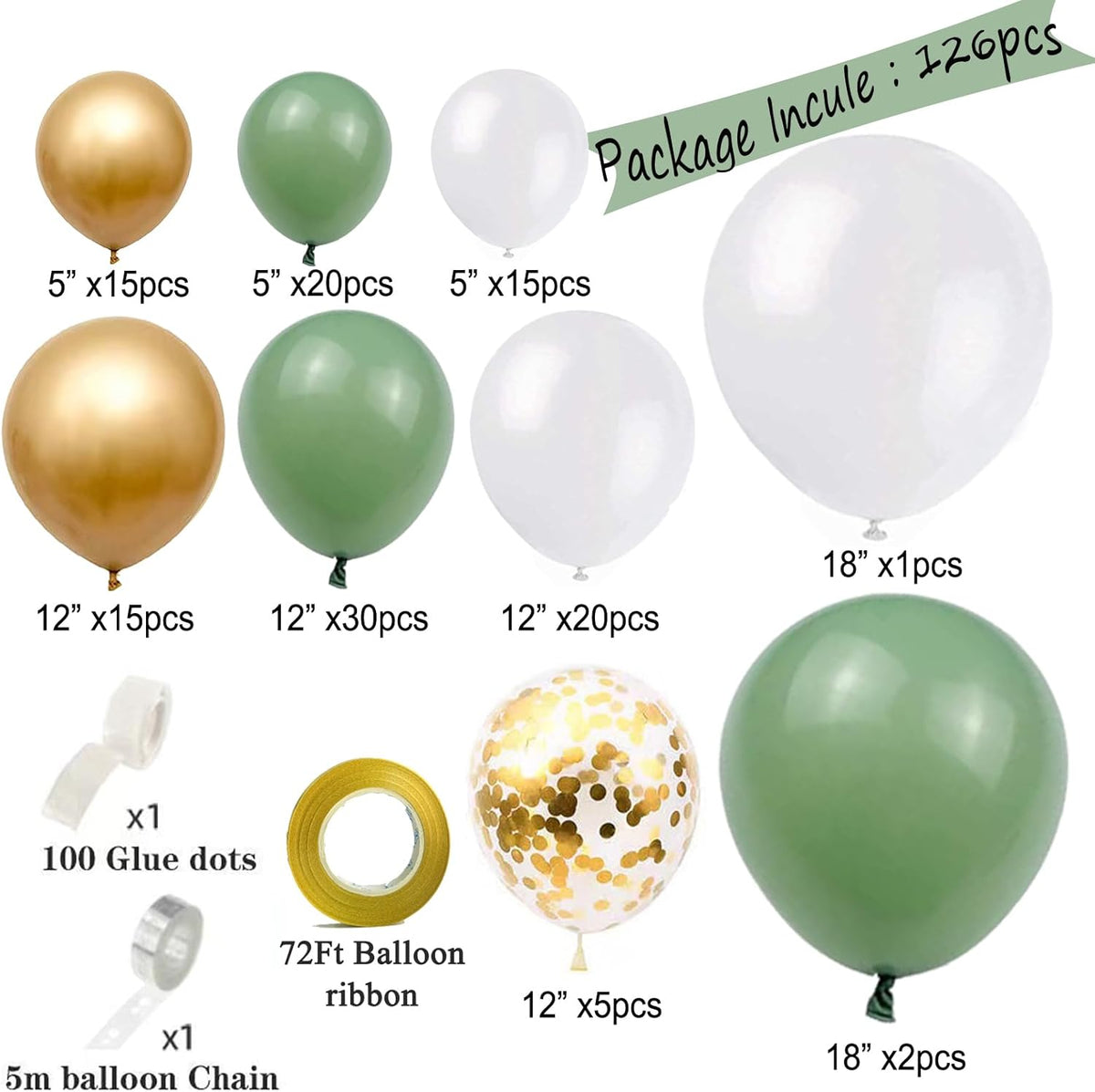 Sage Green White Gold Balloons Garland Arch Kit,126Pcs Sage Green Olive Green Latex Different Sizes 18 12 5 Inch Balloons for Birthday Baby Shower Gender Reveal Wedding Party Decoration