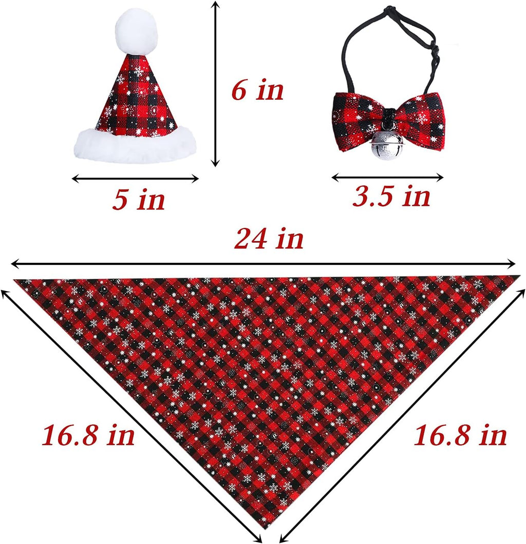 Christmas Snowflake Dog Bandana Costume, Christmas Classic Plaid Snowflake Dog Bandana Scarf Hat Bow Tie with Bell Costume Decoration for Dogs Pets