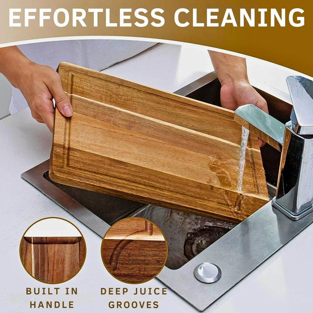 Acacia Wood Cutting Board Set of 3 | Non-Toxic Cutting Boards with Wooden Holder, Non-Slip Silicone Pads, Deep Juice Grooves & Handles | Ideal for Meat, Veggies & Charcuterie – Elegant Kitchen Gift