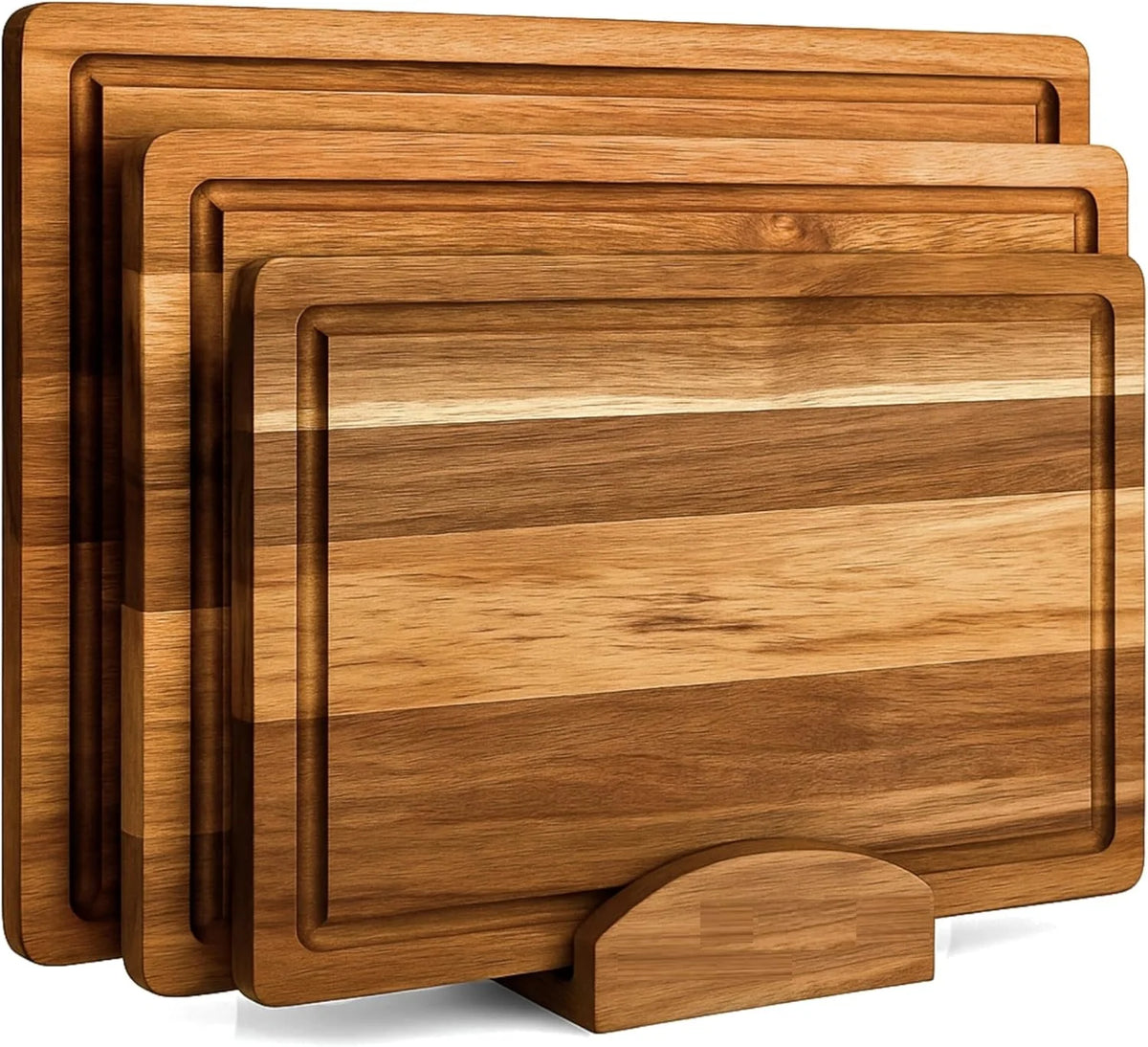 Acacia Wood Cutting Board Set of 3 | Non-Toxic Cutting Boards with Wooden Holder, Non-Slip Silicone Pads, Deep Juice Grooves & Handles | Ideal for Meat, Veggies & Charcuterie – Elegant Kitchen Gift
