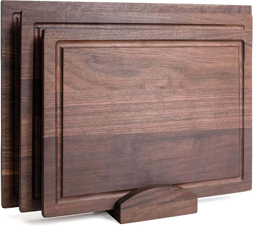 Acacia Wood Cutting Board Set of 3 | Non-Toxic Cutting Boards with Wooden Holder, Non-Slip Silicone Pads, Deep Juice Grooves & Handles | Ideal for Meat, Veggies & Charcuterie – Elegant Kitchen Gift