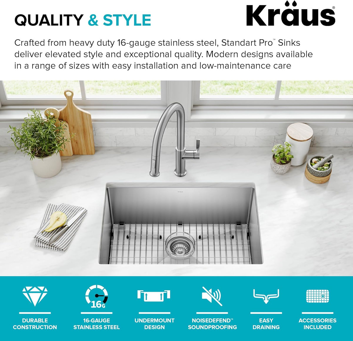 KRAUS Standart PRO 26-Inch 16 Gauge Undermount Single Bowl Stainless Steel Kitchen Sink, KHU100-26
